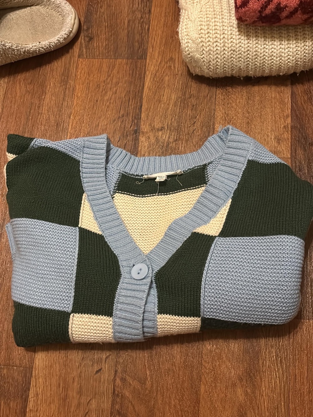 Womens Colorblock V-Neck Cardigan Sweater - Blue, Green, Cream